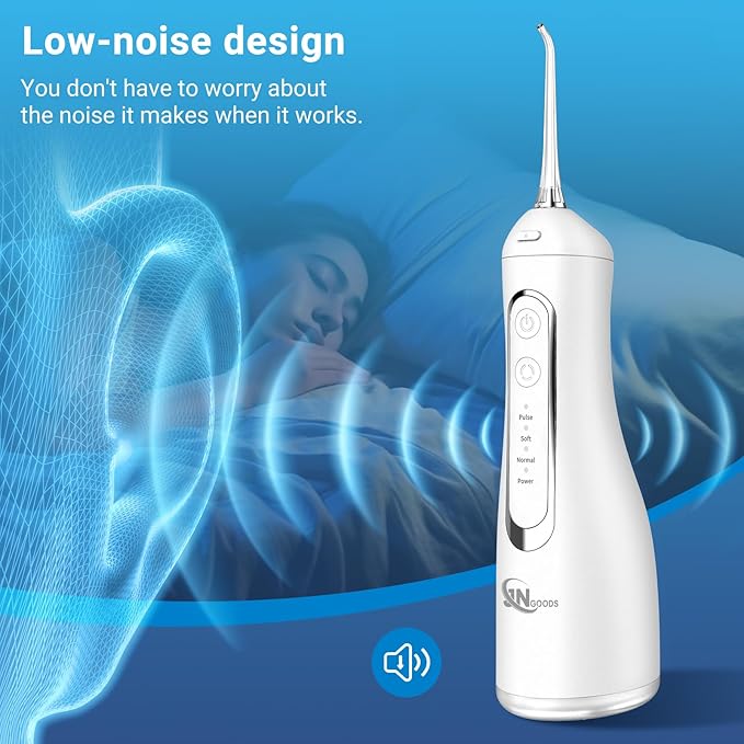 Cordless Water Dental Flosser Oral irrigator,JNGOODS 300ml Rechargeable Water flosser for Teeth IPX7 Waterproof 4 Modes Portable Oral Irrigator with 4 Jet Tips, Travel Home use (White)