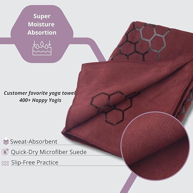 Clever Yoga Hot Yoga Mat Towel – Non-Slip Grip for Hot Yoga, Sweat Absorbent, Honeycomb Silicone Grip, Stays Flat – Ideal for Pilates, Travel, Washable & Lightweight - Burgundy