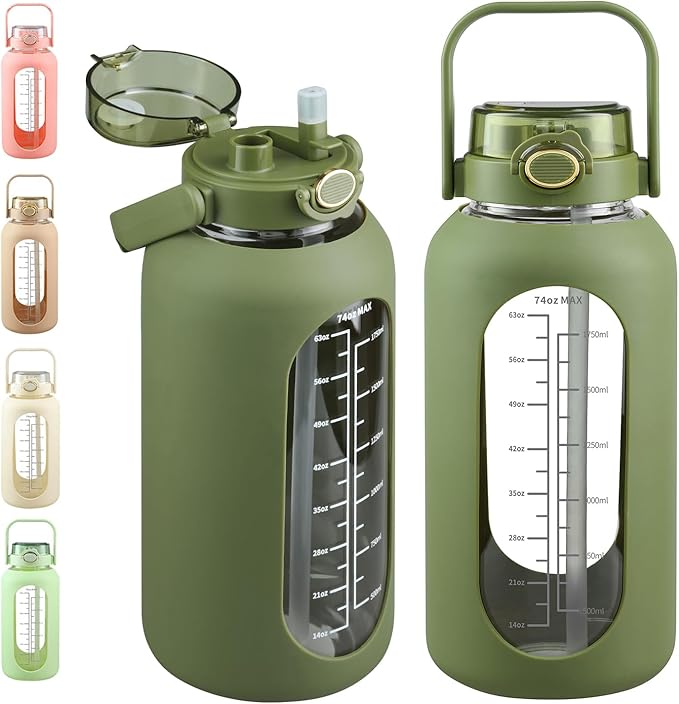 SIEROZUR 74oz Glass Water Bottle with Straw and Lid Large Gallon Water Jug with Silicone Sleeve and Handle 2.2 liter Wide Mouth Bottle with Time Marker for Gym Sports& Workout