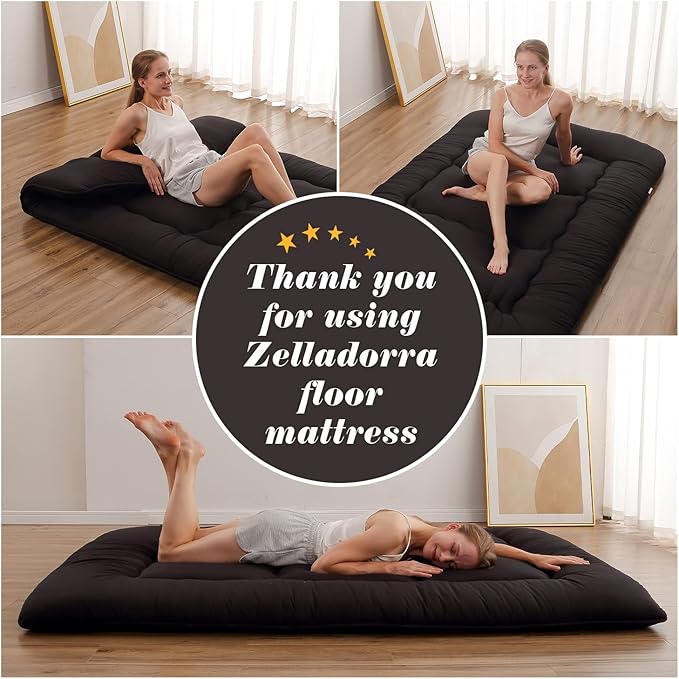 Japanese Floor Mattress, Futon Mattress with Portable Storage Bag and Washable Cover, Roll Up Thick Tatami Mat Suitable for Camping, Guest Room, Black, Full