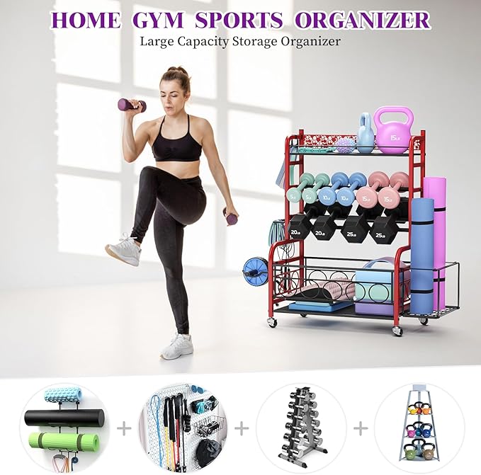 400LBS Dumbbell Rack, VOPEAK Adjustable Weight Rack for Home Gym, Home Gym Storage Rack for Yoga Mat Kettlebells and Strength Training Equipment, Weight Storage Rack for Dumbbells with Wheels