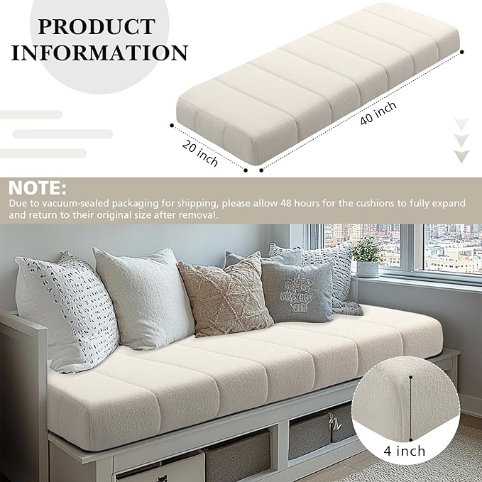 Wenqik Bench Cushion 40x20x4 Inch for Indoor Outdoor Furniture Tufted Thicken Bay Window Seat Cushion Non Slip Waterproof Dining Piano Bench Pad Pillow Anti Cat Scratch for Patio Porch Swing, Beige