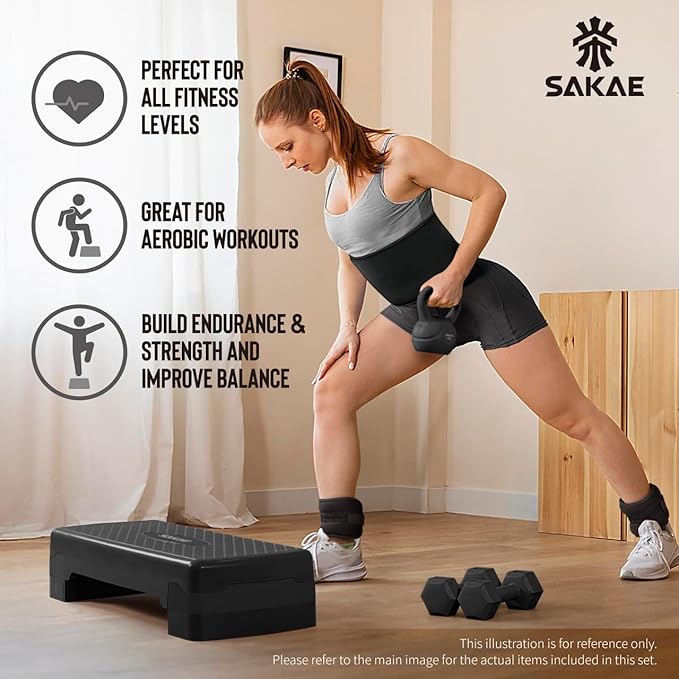 SAKAE Step Aerobics Platform Set with Kettlebell & Measuring Tape, Aerobic Steppers for Exercise at Home, Adjustable Height 2 Level Risers Workout Step Trainer with Non-Slip Surface, Multiple Colors