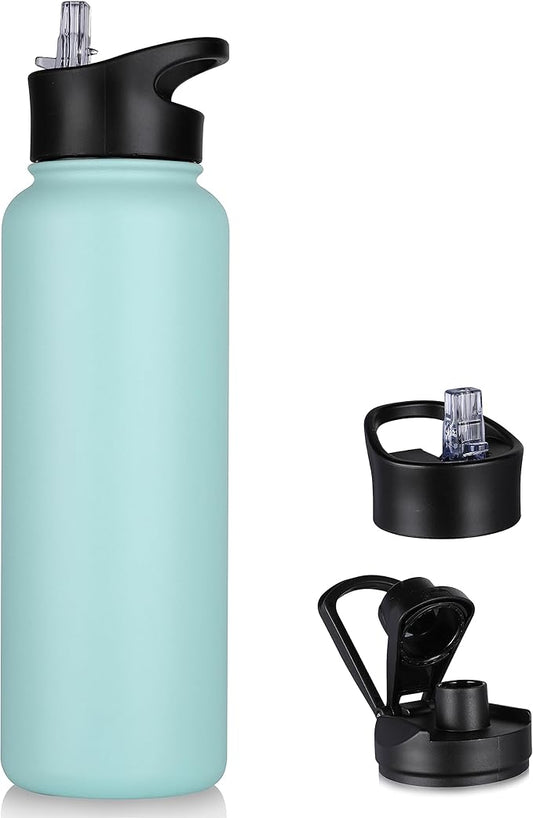 40 oz Insulated Water Bottle with Straw, Stainless Steel Sports Water Bottles with 2 Lids (Straw and Wide Mouth lid), Double Wall Vacuum, Leakproof, BPA-Free, Turquoise Blue