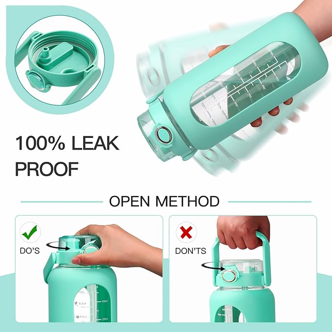 42oz/52oz/64oz Glass Water Bolttles with Straw Half Gallon Large Motivational Water Bottle with Time Marker Sports Water Bottles with Silicone Sleeve and Handle Lid Water Jug for Gym Workout