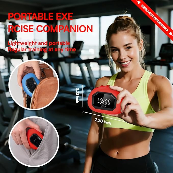 Hand Grip Strength Tester Trainer - Strength Dynamometer for Fun Rechargeable Hand Exercising Device with Finger Exerciser and Stretcher Exercise Workout Equipment for Palm Red Blue