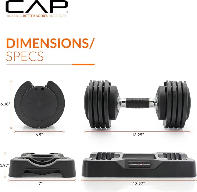 CAP Barbell ADJUSTABELL Adjustable Round Dumbbell Weights - Singles & Pairs | 12.5 lb, 25 lb & 55 lb | Multiple Handle Options
