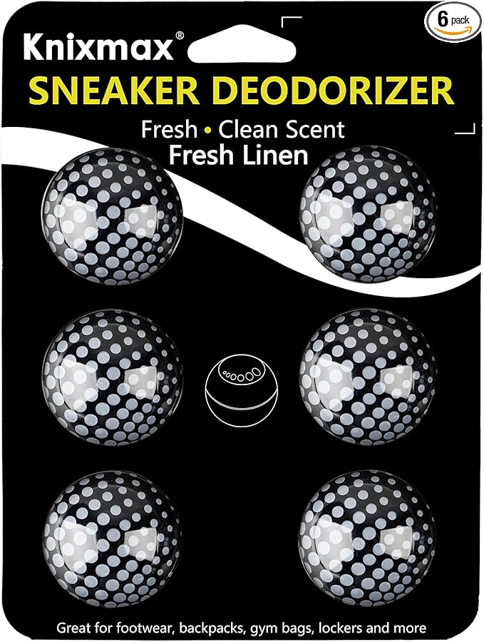 Knixmax Sneaker Deodorizer Shoe Freshener Balls, Gym Bags Lockers Car Air Fresheners, Boot Deodorant Balls Odor Eater Shoe Deodorizers 6 Packs Fresh Linen Black White