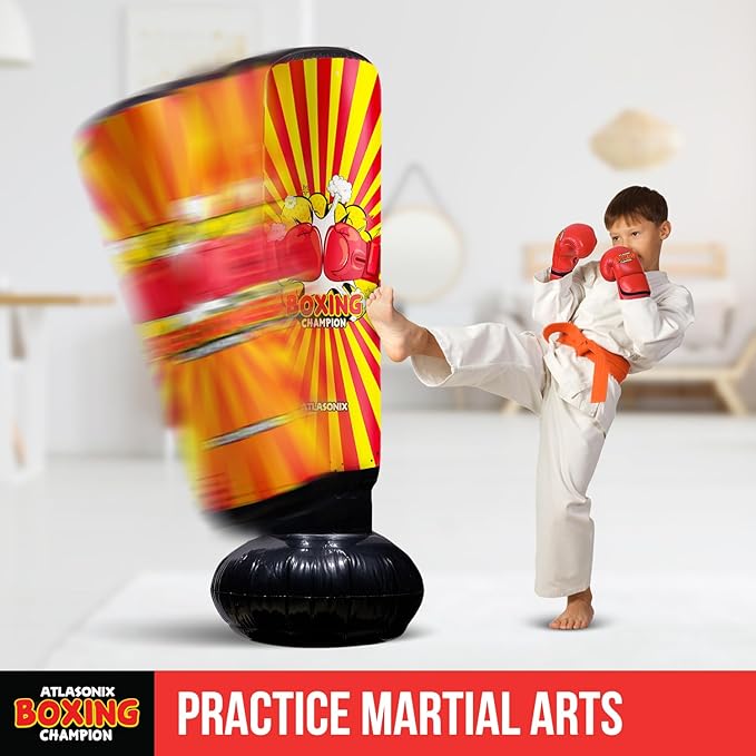 Inflatable Boxing Toy for Boys Age 4-8-12, Standing Kick Dummy, Karate Taekwondo Equipment, Fun Active Game, Birthday Party for Kids, Durable Punch Box Set