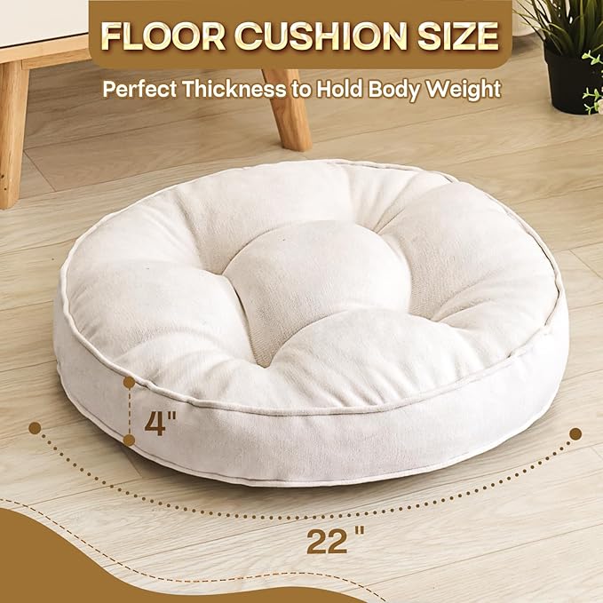 Floor Pillow Set of 2, Memory Foam Floor Cushions for Adults, Large Round Meditation Pillow for Sitting, 22 x 22 Inches (Round | Beige)