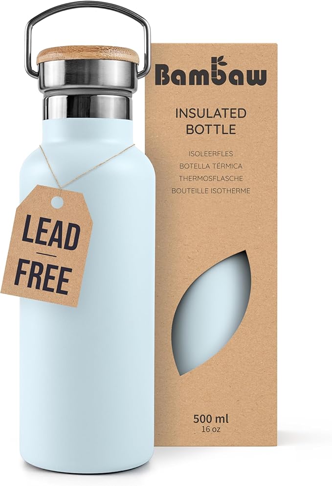 Bambaw Thermo Water Bottle 16 oz, Light Blue Water Bottle Stainless Steel, Insulated Water Bottle with Handle, Portable Water Bottle, Hot Water Bottle, Stainless Steel Water Bottle – Ice Blue