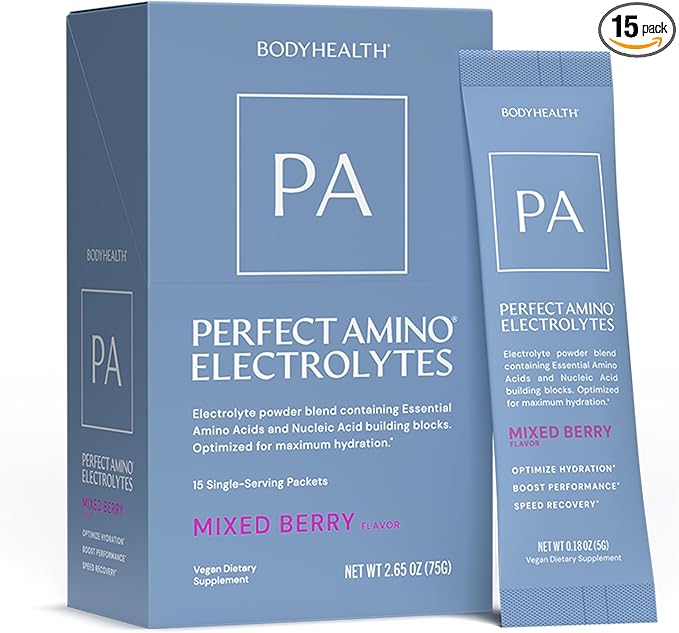BodyHealth PerfectAmino Electrolyte Drink Mix – Mixed Berry – No Sugar, Keto & Fasting Friendly, Hydration with Trace Minerals – Stick Packs