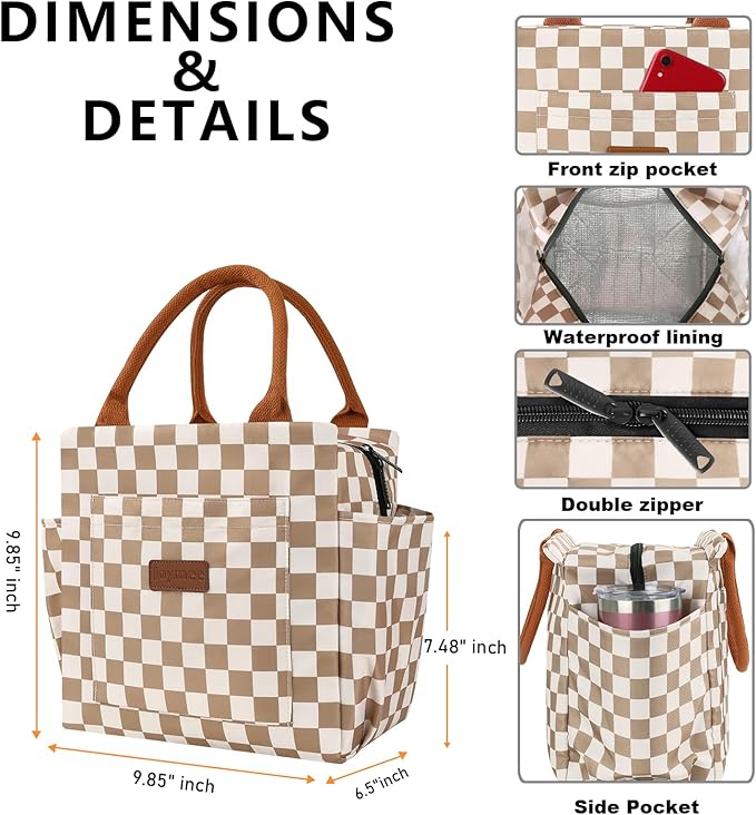 Joymee Lunch Bag Women Insulated Lunch Box Reusable Leakproof Large Spacious Cooler Tote for Women Men Adult with Bottle Holder and Side Pockets for Work Office Travel Picnic - Checker Brown