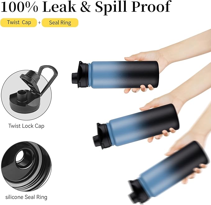 24 oz Insulated Water Bottle Bulk 8 Pack, Stainless Steel Sports Water Bottles with Straw Lid & Wide Mouth Lids, Double Walled Vacuum, Leak Proof, Blue Black Gradient