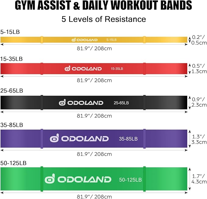 Odoland 5 Packs Pull Up Assist Bands, Pull Up Straps, Resistance Bands with Door Anchor and Handles, Stretch Mobility, Powerlifting and Extra Durable Exercise Bands with eGuide