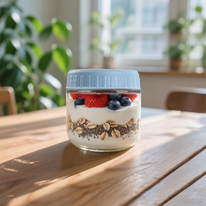 Overnight Oats Containers with Lids, 10oz Glass Jars with Lids 8 pcs, Light Blue, Wide Mouth Mason jars for Salad, Yogurt, Snacks, Meal Prep