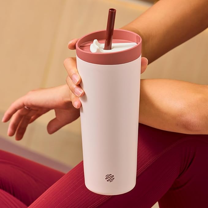 BlenderBottle 2-in-1 Insulated Stainless Steel Shaker Tumbler, Swig Leakproof Lid, Straw, BlenderBall, BPA Free, For Protein Shakes, Smoothies, And Pre Workout, 24 oz, Red/Tan (Sahara Sunset)