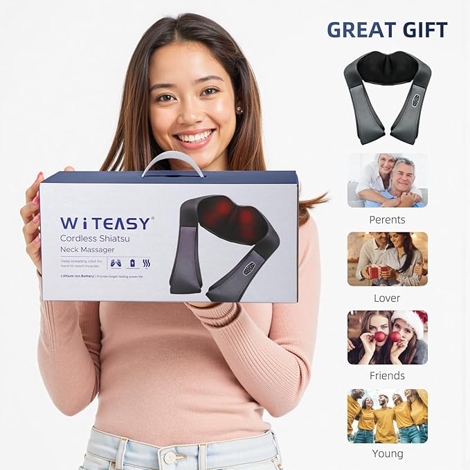 Cordless Rechargeable Shiatsu Neck & Shoulder Massager with Heat Therapy – Deep Kneading Massage for Pain Relief at Home, Office & Travel – for Men & Women