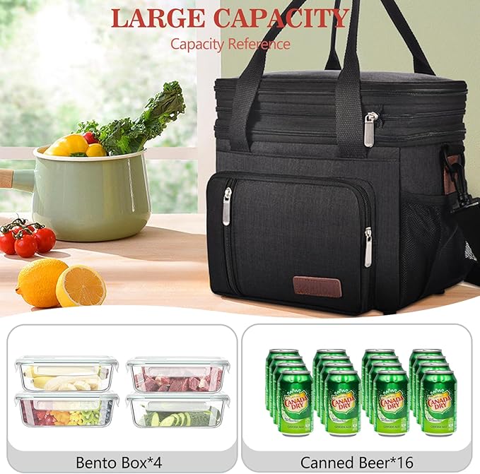 Expandable Lunch Box for Women Men | Adult Lunchbag Cooler Tote Bag with Adjustable Shoulder Strap | Insulated Reusable Womens Lunch Bags for Work Camping Beach | 16L, Black