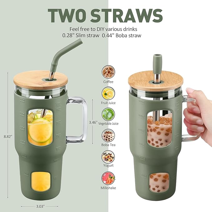 Glass Tumbler with Straw and Lid, 32 oz Glass Cup with Handle, Glass Water Bottles with Time Marker, 2 Straws - Pearl Straw & Drinking Straw Silicone Protective Sleeve-Olive