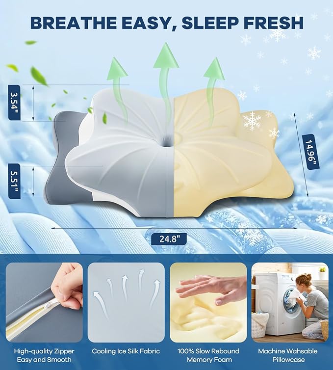 Cervical Pillow for Neck Pain Relief -Cooling Ergonomic Memory Foam Pillow with Ice Silk Pillowcase, Dual-Height Orthopedic Support Contour Pillow for Side/Back/Stomach Sleepers, CertiPUR-US Certified