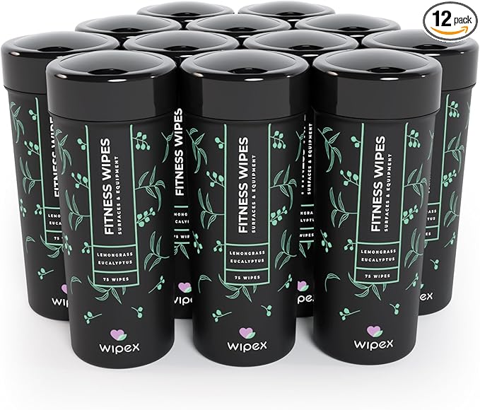 Wipex Fitness Equipment Wipes - Gym & Yoga Mat Cleaner, Peloton & Exercise Machine Wipes, All-Purpose Cleaning with Vinegar, Lemongrass & Eucalyptus, 75 Count (Pack of 12)