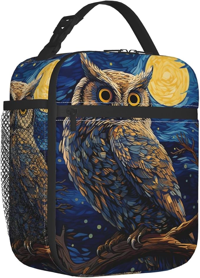 Cool Owl Lunch Box for Kids,Bird Insulated Bag for Student,Animal Reusable Thermal Insulation Cooler Tote Bags for School Work Picnic Camping Outdoor Gifts (Blue Starry Sky Painting Owl)
