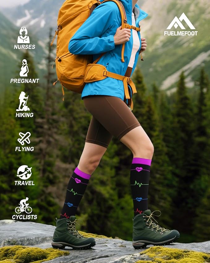 FuelMeFoot 6 Pairs Compression Socks for Women & Men 15-20mmHg Graduated Support Knee High Socks for Nurses, Travel, Athletic