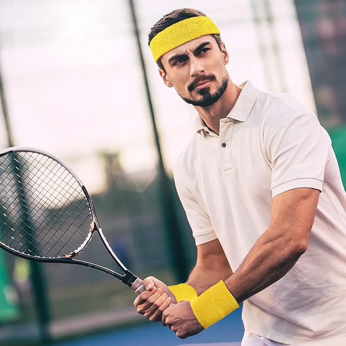 Civaner 12 Pcs 80s 90s Sweatbands Neon Headbands Wristbands for Men Women Party Sports Cotton Headbands Terry Cloth Athletic Sweat Bands for Tennis Football Gym Workingout Accessories