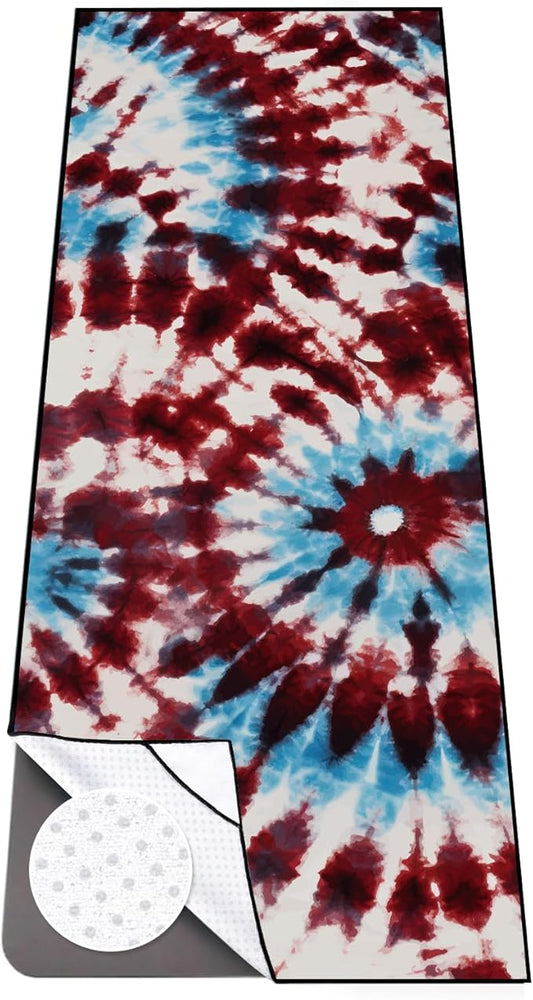 Colorful Star Large Yoga Towel with Corner Pockets, Non Slip Grip Dots Sweat Absorbent Hot Yoga Mat Towels, Yoga Blankets with Travel Bag, Mat Cover for Workout, Gym, Fitness - 74"x26", Bold Tie-dye