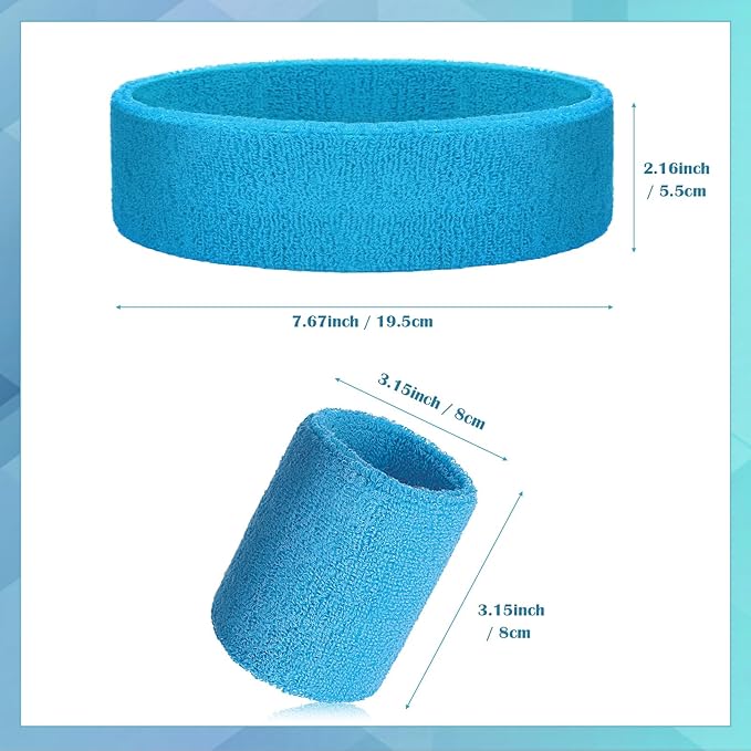 24 Pieces 80s Neon Sweatbands Set, Include 8 Sports Headbands and 16 Sweat Wristbands Elastic Athletic Tennis Sweat Bands Bulk for Man Woman