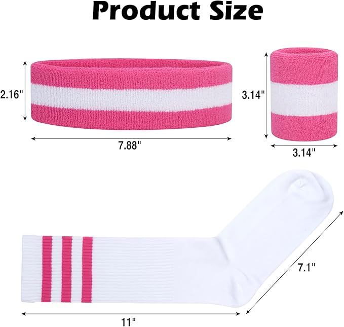 ONUPGO 5 Pieces Sweatbands Striped Socks Set Sports Headband Wristbands High Tube Socks 80s Accessories Costumes