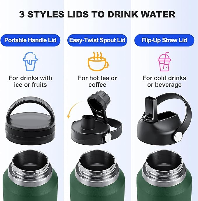 SENDESTAR 40oz Water Bottle Wide Mouth Stainless Steel Vacuum Insulated Double Wall with 2 Straw Lids Fit in Any Car Cup Holder TXIN-40-Dark Green