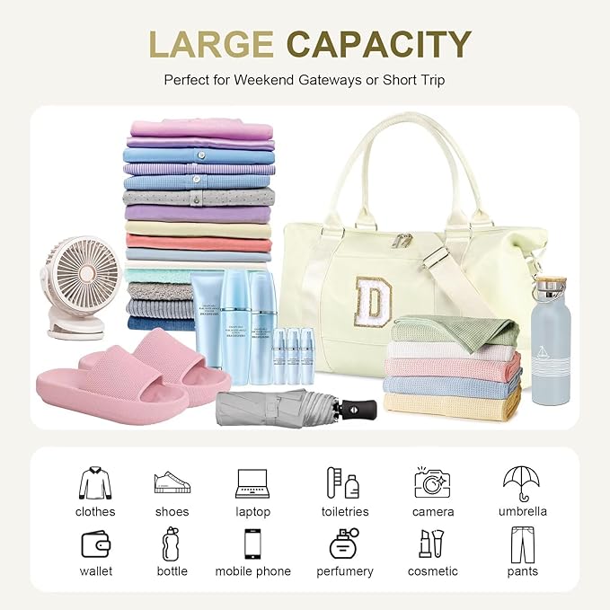 Dance Gym Duffel Bag for Teen Girls, Personalized Initial Travel Weekender Bag,Cute Overnight Carry On Duffle for Women,Sports Travel Cheer Bag,Monogram Christmas Gifts for Tween Preppy(beige-D)