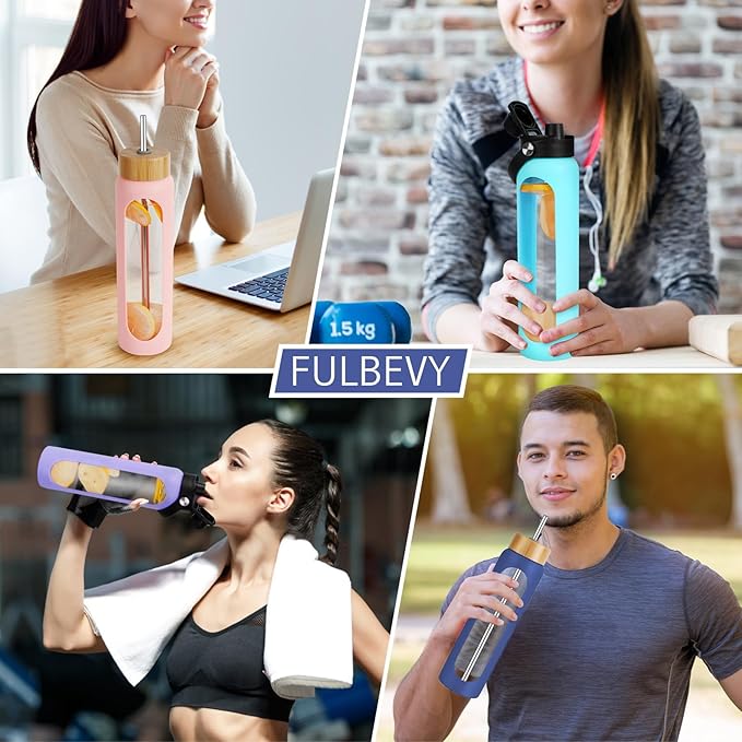 32 oz Glass Water Bottles - 1 Liter Motivational Tumbler Water Bottle Time Marker - Borosilicate Glass Water Bottle With Silicone Sleeve and 2 Lids, Handle Spout & Bamboo Straw Lid