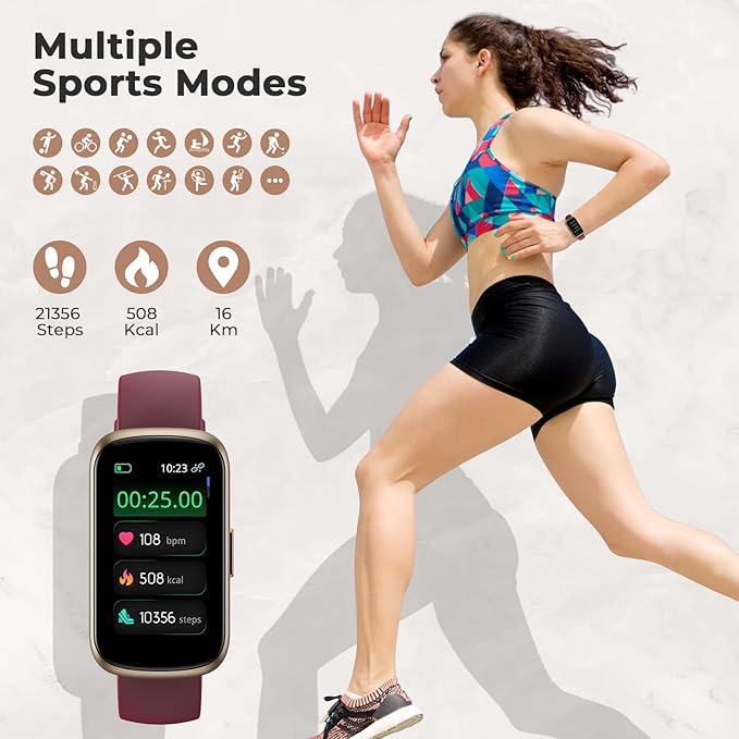 Fitness Tracker with 24/7 Heart Rate, Blood Oxygen, Sleep Monitor, 3ATM Waterproof Fitness Watch/Smart Watch/Activity Tracker, Pedometer/Step Counter, Calorie Tracker for Women, Wine Red