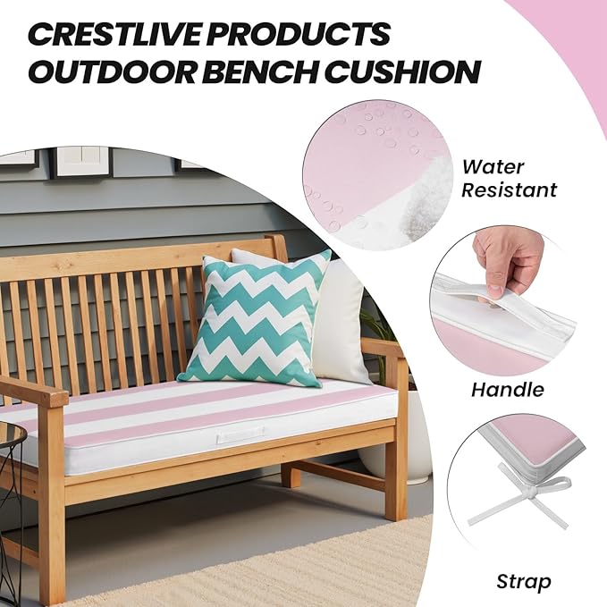 Crestlive Products Outdoor Bench Cushion 48 x 18 Inch, Waterproof Patio Bench Cushions for Outdoor Furniture, Porch Swing Replacement Pad with 30D Foam, Adjustable Straps, Pink White Stripe