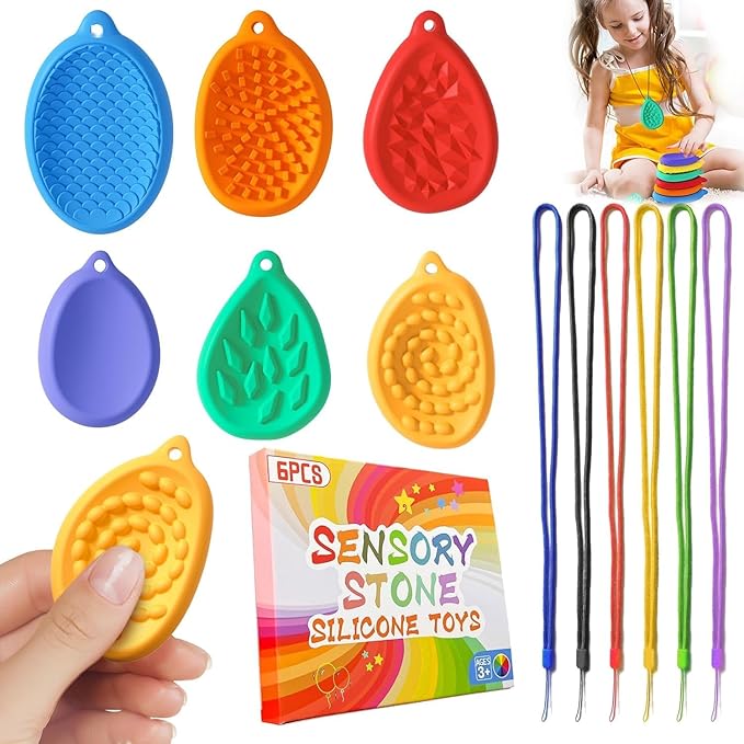 Fidget Toys Sensory Stone for Kids, 6-Piece Kids Stress Relief Toy Set - Silicone Textured Worry Stones, Ideal for Autism Calming and Anxiety Relief for Students, Birthday Return Gifts Treats