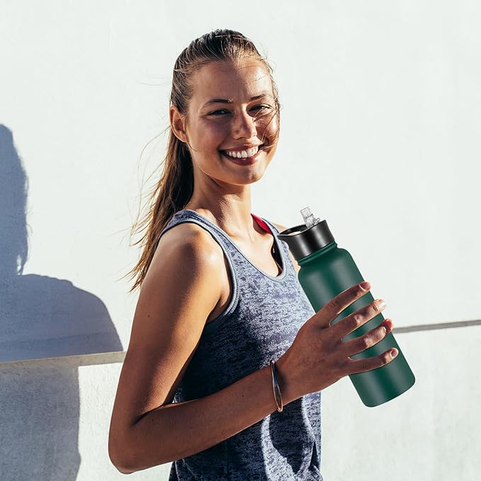 40 oz Insulated Water Bottle with Straw, Stainless Steel Sports Water Bottles with 2 Lids (Straw and Wide Mouth lid), Double Wall Vacuum, Leakproof, BPA-Free, Dark Green