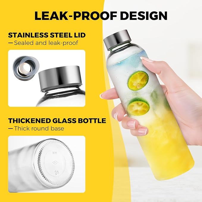 Set of 6 Clear Glass Water Bottles with Lid 18oz for Juicing Reusable Bottle Glass Cup with Stainless Steel for Juicing, for Halloween Refrigerator 100% Leak Proof Drinking Jar, BPA Free