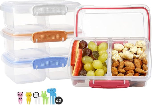 4 Pack Plastic Snack Containers with Lids, 2 Compartment Food Container for Kids Snack Box, Travel Bento Lunch Containers with forks for Fruits/Candies, Divided Food Storage Containers for School