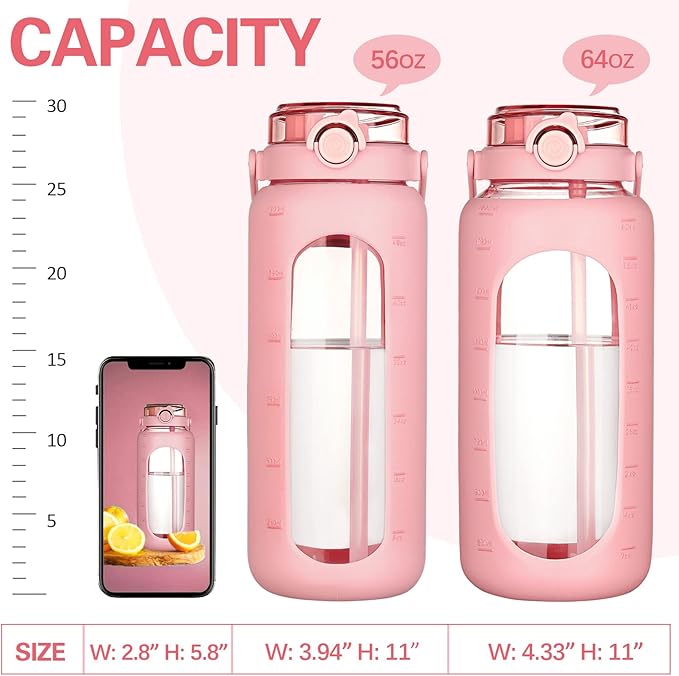 BLUEGO 64oz Glass Water Bottles with Straw Time Marker Half Gallon Large Motivational Water Bottle with Silicone Sleeve 2 Liter Large Glass Water Jug for Gym, Sports& Workout, Daily, Pink