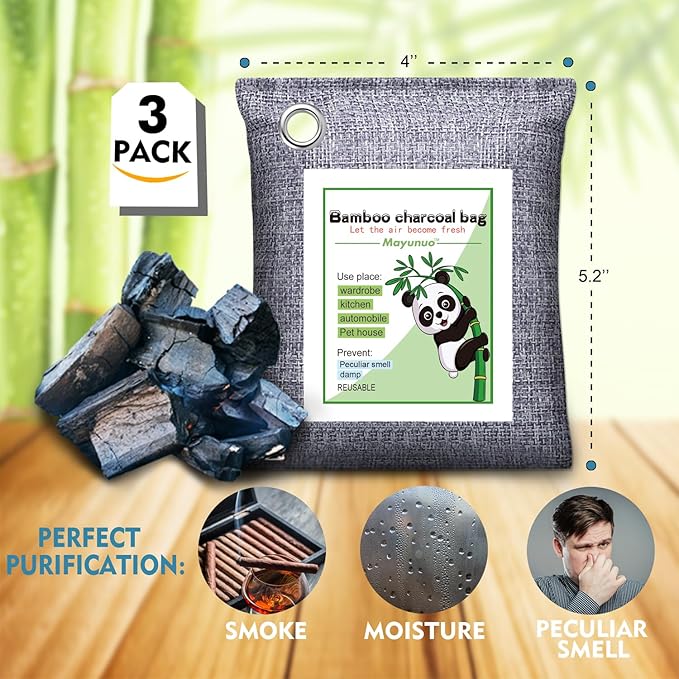 Activated Charcoal Odor Absorber for Strong Odor in Basement, Car, Closet, Shoe, 3 Pack Bamboo Charcoal Air Purifying Bags Deodorizer Odor Eliminator for Home