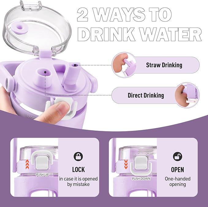 BLUEGO 40oz Glass Tumbler with Lid and Straw, Glass Water Bottles with Handle, Glass Cup with Time Marker and Silicone Sleeve, Fits Most Cup Holder, Leak-proof, Purple