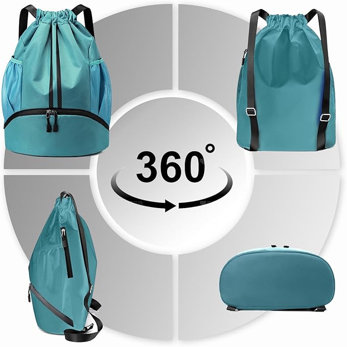 Hoedia Sports Drawstring Backpack - String Swim Gym Bag with Shoes Compartment and Wet Proof Pocket for Women/Men (Teal)