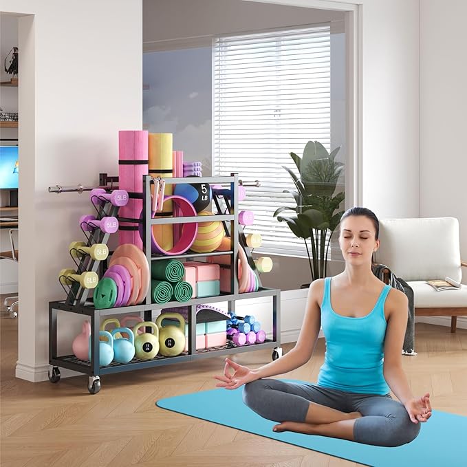 Dumbbell Rack Weight Rack Storage-Large Dumbbells Rack Home Gym Storage,Multilevel Workout Storage Organizer with Wheels and Barbell Holder,Perfect for Yoga Mat Balls Kettlebells and Fitness Gear,black