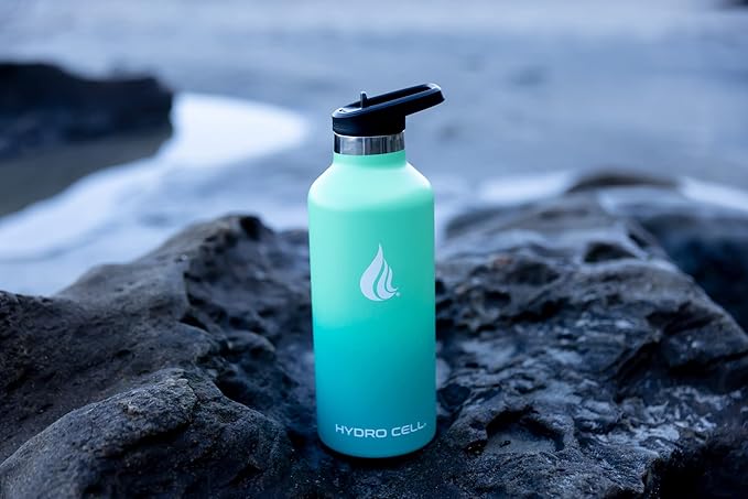 HYDRO CELL Stainless Steel Water Bottle with Straw & 2 Standard Mouth Lids (32oz 24oz 20oz 16oz) Keeps Liquids Hot or Cold w/Double Wall Vacuum Insulated Leak Proof Sport Design (Mint/Green 32oz)