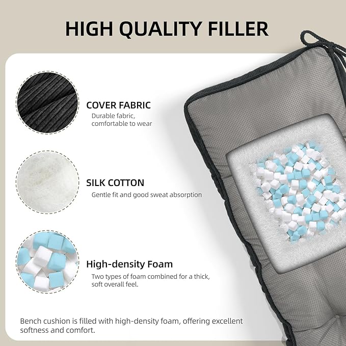 Detiblue Bench Cushion for Indoor Furniture，48x16x4Inch Tufted Bench Seat Cushion with Non-Slip, Comfortable and Durable for Shoe/Entryway/Storage with Cushion（Elita Black）