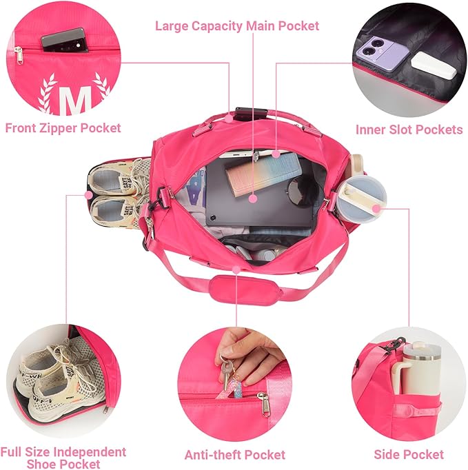 Gym Bag for Women, Personalized Duffle Bag with Shoe Compartment, Sports Bag for Yoga & Dance with Wet Pocket and Mat Strap(HotPink,F)