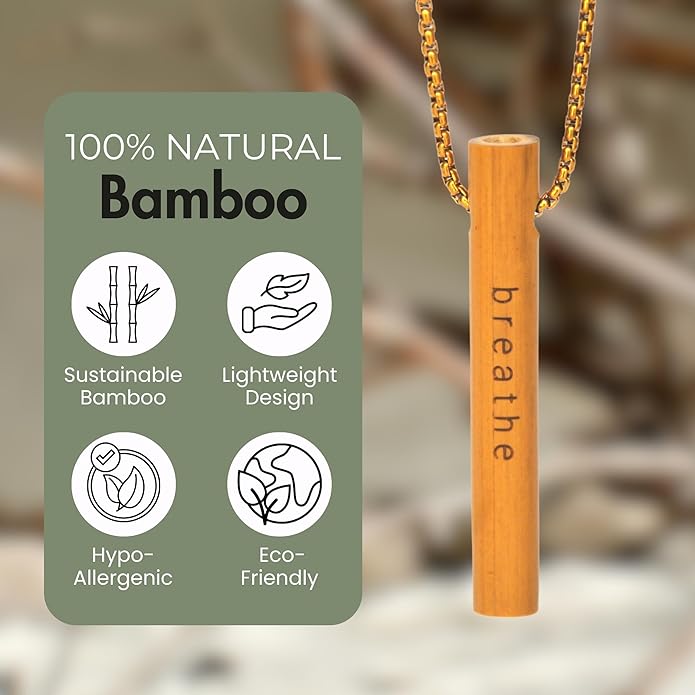 Bamboo Breathing Necklace for Meditation, Mindfulness Tool, Stress Reducer, Eco-Friendly Breathe Pendant, Portable Relaxation Gift for Men & Women